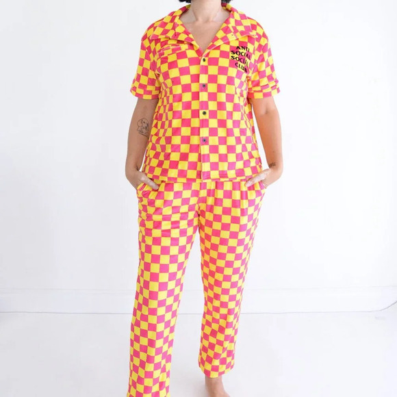 Anti Social Social Club Pink Yellow Checker Velour 2 Piece Pajamas 100% Cotton S - Picture 2 of 16